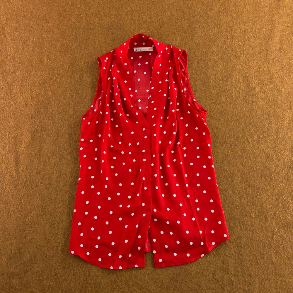 d.n.a couture Womens Small Red Polka Dot Sleeveless Cinched Back Blouse New